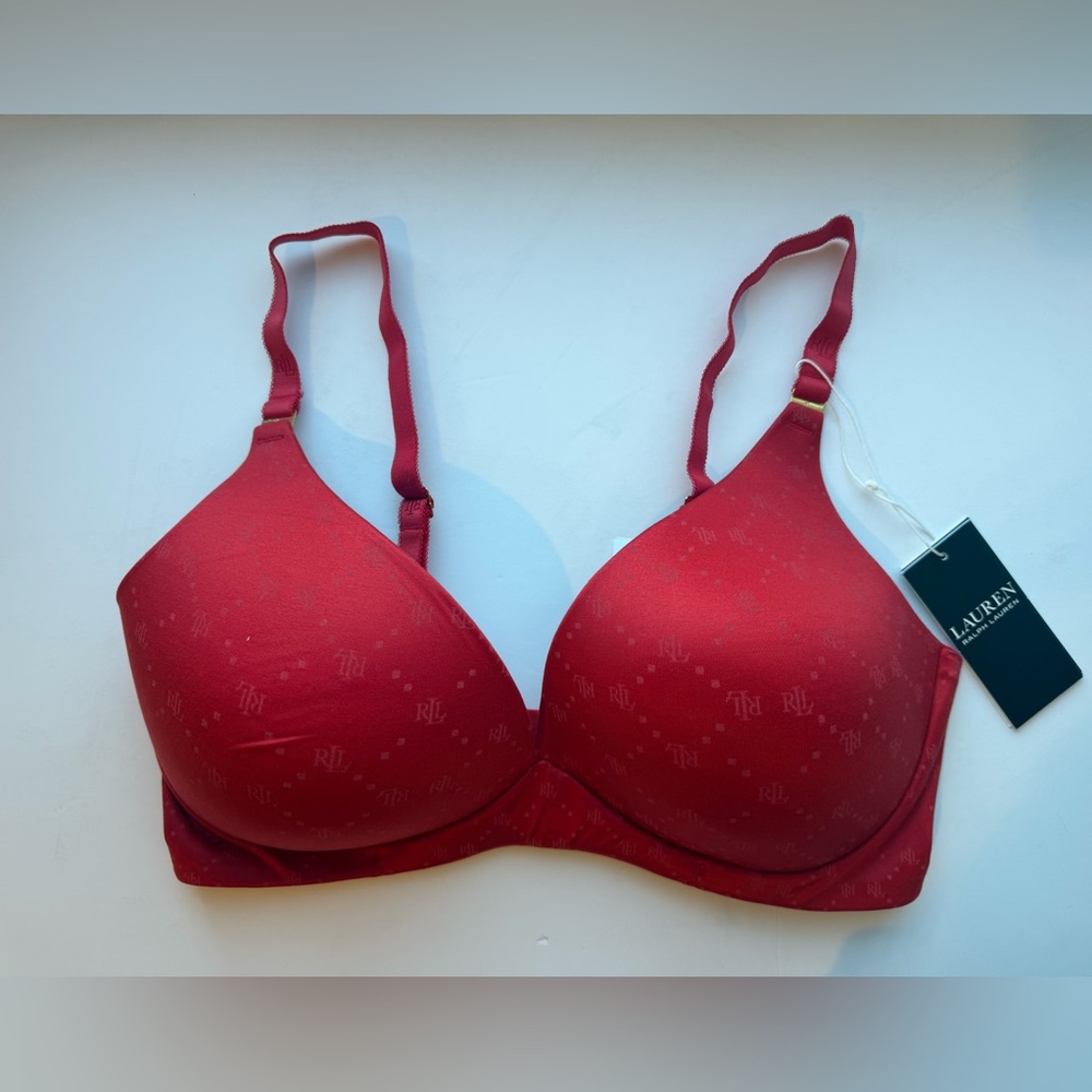 Lauren Ralph Lauren Comfort Collection Repeat-Logo Wireless T-Shirt Bra,Ruby Red - Picture 2 of 8